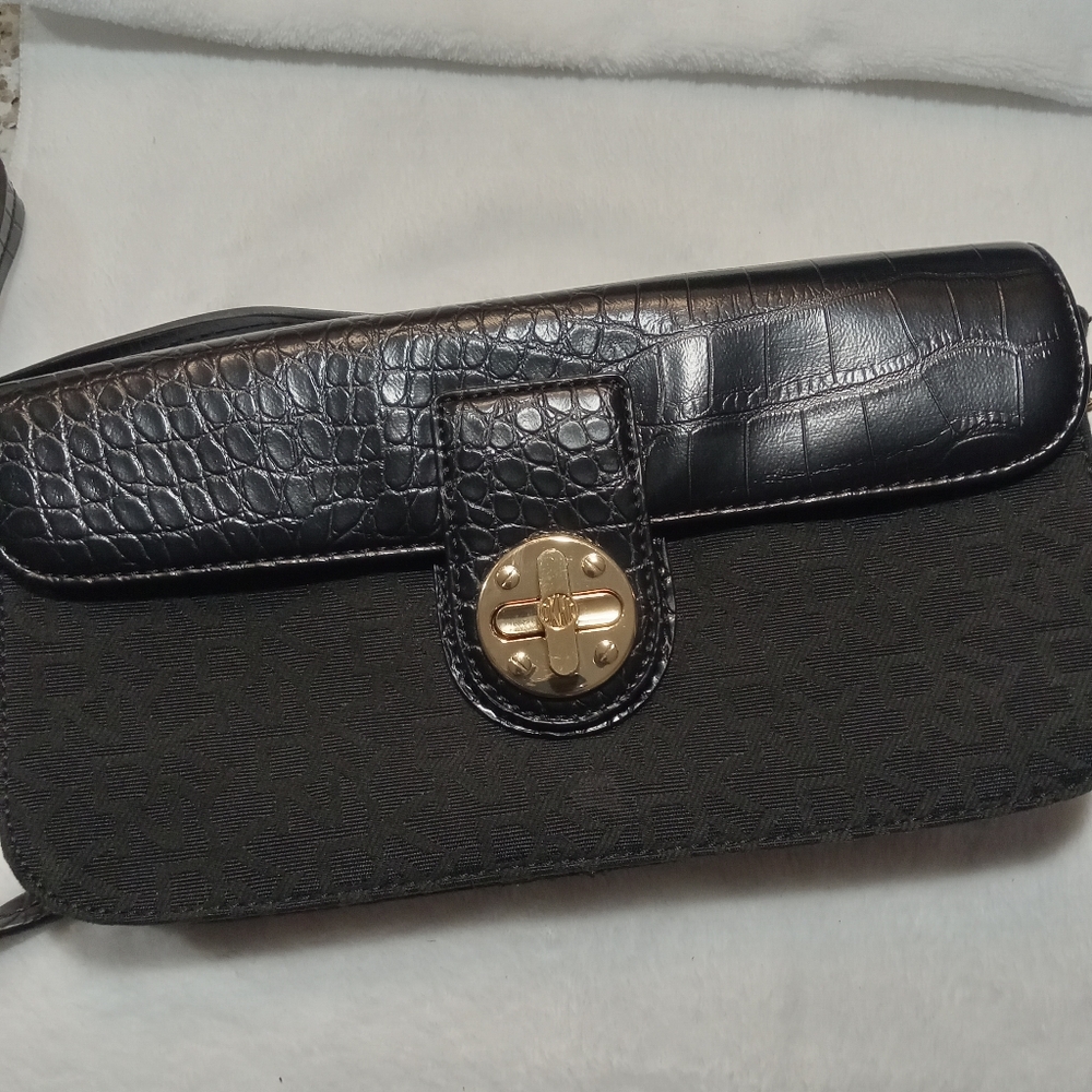 DKNY Black Croc Embossed Leather Clutch with Gold Latch
